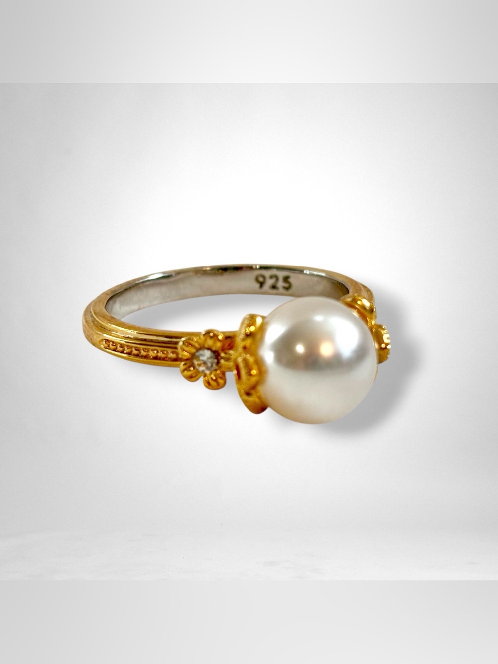 Gemnations Golden Ring With White Pearl 925 Silver Sz 8